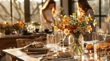 Fototapeta premium Elegant Table Setting with Flowers and Soft Natural Lighting