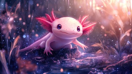 A charming aquatic axolotl with bright pink gills in a pond
