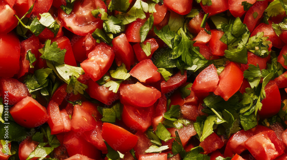 Poster vibrant fresh salsa with diced tomatoes and parsley - close-up texture for culinary design