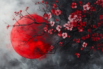 A gothic depiction of blossoms on a dark, gnarled tree, with pale petals glowing faintly under a blood-red moon