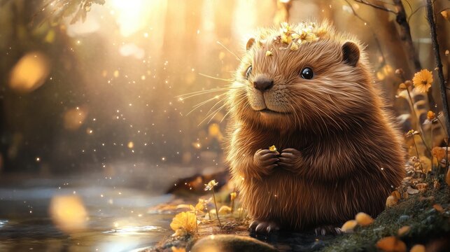 A cute beaver wearing flowers sits beside the calm water