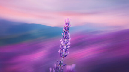 Close up of lavender flower in serene purple fields at sunset
