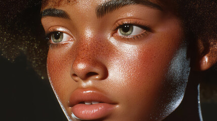 Radiant beauty close up of a young woman with freckles and natural hair