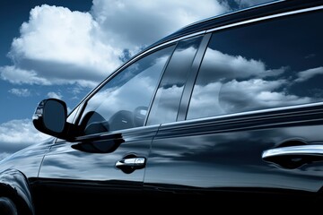 Luxury SUV parked under blue sky with fluffy clouds reflecting on sparkling windows Generative AI