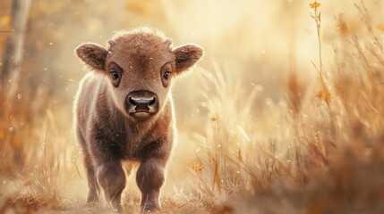 Fototapeta premium A curious calf stands in a field of soft golden sunlight