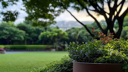 Green vibrant plants sitting atop a rounded outdoor planter box