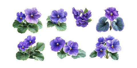 Pack African Violet Set in Different Poses Against Transparent Background for Floral Arrangements, Botanical Illustration, or Garden Design