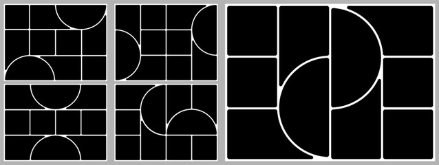 Grid template layout. Geometric shapes photo collage design. 4x3 bento moodboard background. Abstract poster montage board, Square circle box image gallery vector album. Rectangle banner slide page