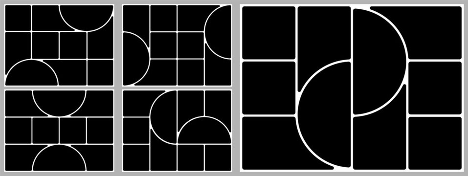 Grid template layout. Geometric shapes photo collage design. 4x3 bento moodboard background. Abstract poster montage board, Square circle box image gallery vector album. Rectangle banner slide page