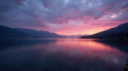 Fototapeta premium A tranquil lake at dusk, mirroring deep purples and pinks of the sky, with gentle ripples reflecting the fading light. A peaceful, dreamlike nature scene in ultra HD.