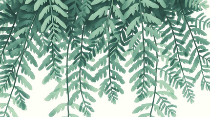 Hanging fern fronds in shades of green against a light background, creating a detailed, natural pattern.
