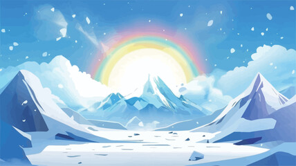 Obraz premium Digital illustration depicting a stylized winter landscape. The scene features a range of snow-covered mountains in the background, with a flat snowy foreground. The sky is a bright, light blue