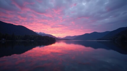 Obraz premium A tranquil lake at dusk, mirroring deep purples and pinks of the sky, with gentle ripples reflecting the fading light. A peaceful, dreamlike nature scene in ultra HD.