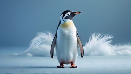A solitary, adult Adelie penguin standing upright on its feet, with a distinctive white eye patch and a yellow-orange beak, set against a soft, gradient blue background 