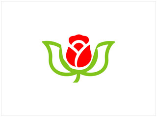 Simple Vector Illustration of a Red Rose Logo with Green and Black Leaves