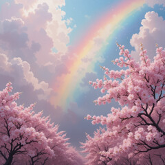 vibrant landscape featuring cherry blossom trees under rainbow sky, evoking sense of tranquility and beauty