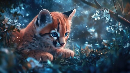 Obraz premium A small feline kitten lays among the nature surroundings and flowers