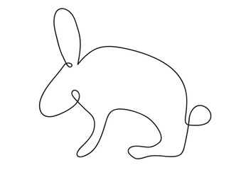 black vector ink continuous line illustration of rabbit isolated on white background with copy space for text