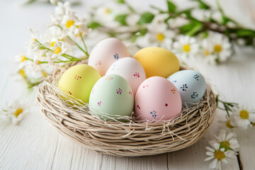 Obraz premium Easter eggs resting in a nest with daisies on white wood