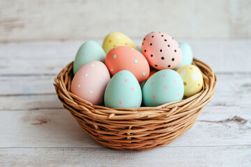 Pastel colored easter eggs resting in a wicker basket on white wooden background
