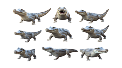 Nine alligator hatchlings displayed in various poses create dynamic visuals for wildlife or nature-themed marketing content.
