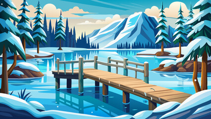 Fototapeta premium Wooden pier covered in snow and icicles on a frozen lake with a forested shore in the background.