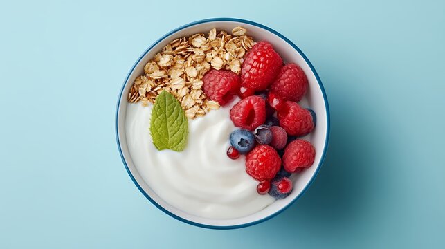 Overhead View of Creamy Yogurt Parfait with Granola and Berries