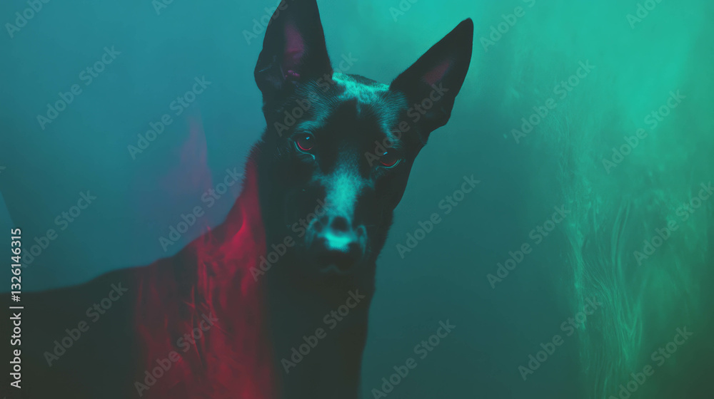 Poster mysterious dog in colorful chaos with abstract lighting for creative design