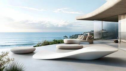 Fototapeta premium A wave-shaped podium with a smooth white finish, placed in an outdoor setting.