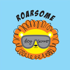 Roarsome  lion with glasses cartoon hand drawn illustration 