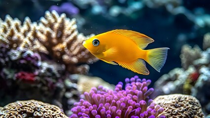 Obraz premium A vibrant yellow fish swimming among colorful coral and sea life in a clear underwater environment. Concept Vibrant Yellow Fish, Colorful Coral, Underwater Environment, Marine Life, Clear Waters