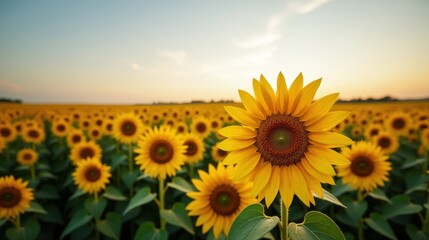 Obraz premium A vast sunflower field stretching to the horizon under a brilliant blue summer sky, golden petals swaying in a warm breeze, radiating warmth and joy.