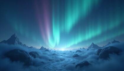 Fototapeta premium Aurora landscape with vibrant colors fantastical snowscape serene scene