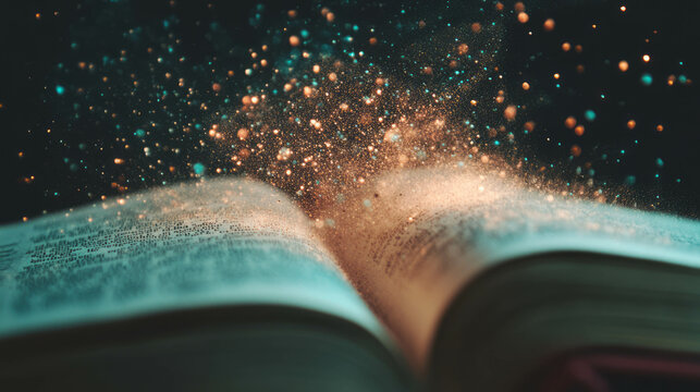 Magical dust particles emanating from an open book for mystical and fantasy themes