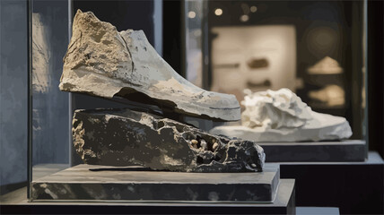 The image shows two sculpted shoe forms, appearing to be crafted from a light-colored, possibly white or off-white, material resembling stone or marble.  They rest on dark grey or black marble