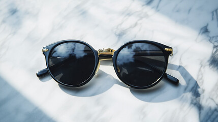 Black sunglasses on marble background. Summer accessory. Top view. 