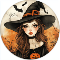Vintage Halloween Witch Round Stickers with Pumpkins – Spooky and Nostalgic