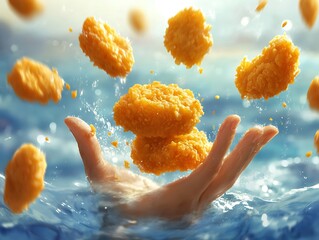 Crispy chicken nuggets levitating above a hand in water.