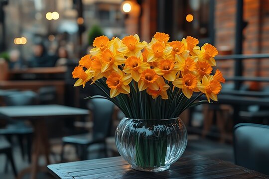 A vase of bright yellow daffodils decorates a wooden cafe table