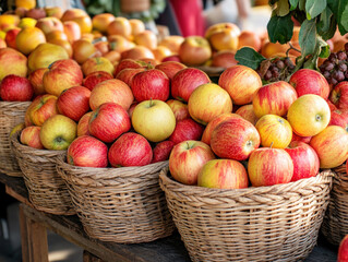 Fresh apples displayed in woven baskets at a local market