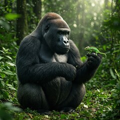 A Towering Silverback Gorilla Sitting in the Middle of a Lush Rainforest, Holding a Tiny, Curious Chameleon on Its Massive Finger, While Sunlight Filters Through the Thick Canopy Above