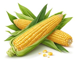 Obraz premium Golden Summer Corn, Freshly Picked And Bursting With Sweetness, Nestled In Vibrant Green Husks Against A Pure White Background