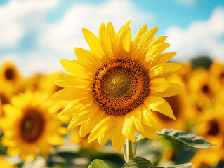 Obraz premium Bright sunflower stands tall in a vibrant field under blue sky