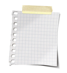 White grid notepaper journal sticker. A blank sheet of checkered paper. Real notepad with grid line isolated