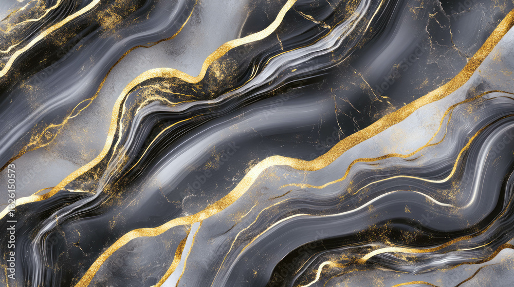 Poster elegant obsidian texture with flowing lines and chaotic gold accents for design