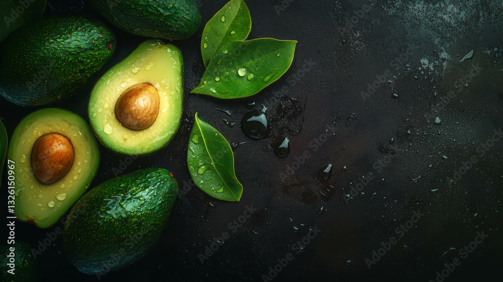 Aufkleber fresh avocado texture with sliced view and leaves on dark background
