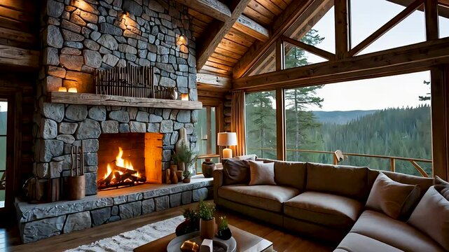 Luxury rustic living room with a cozy fireplace and large windows overlooking a scenic mountain landscape

