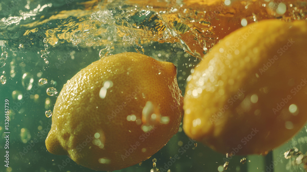 Poster refreshing overhead view of lemons in water for summer concepts and beverage ideas