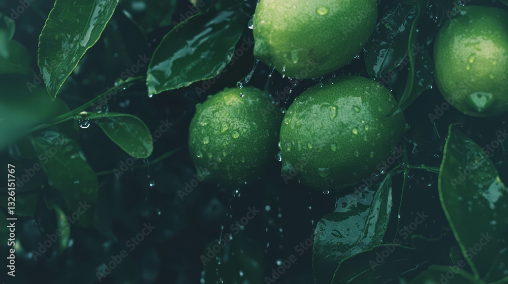 Poster fresh limes with water droplets in overhead view highlighting texture and vibrancy