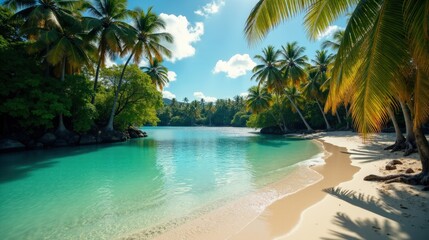 Fototapeta premium A tranquil tropical lagoon encircled by swaying palm trees, crystal-clear turquoise waters gently rippling, reflecting the soft sunlight in this serene paradise.